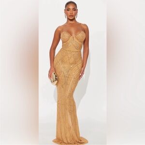 Fashion Nova London Embellished Maxi Dress Gold Rhinestone Nude Medium NWT NEW